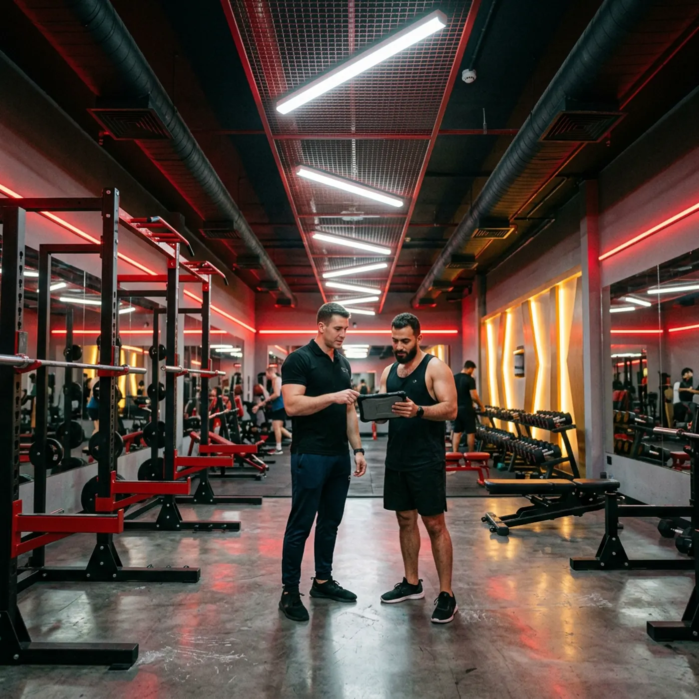 A coach talking with a member on the gym floor