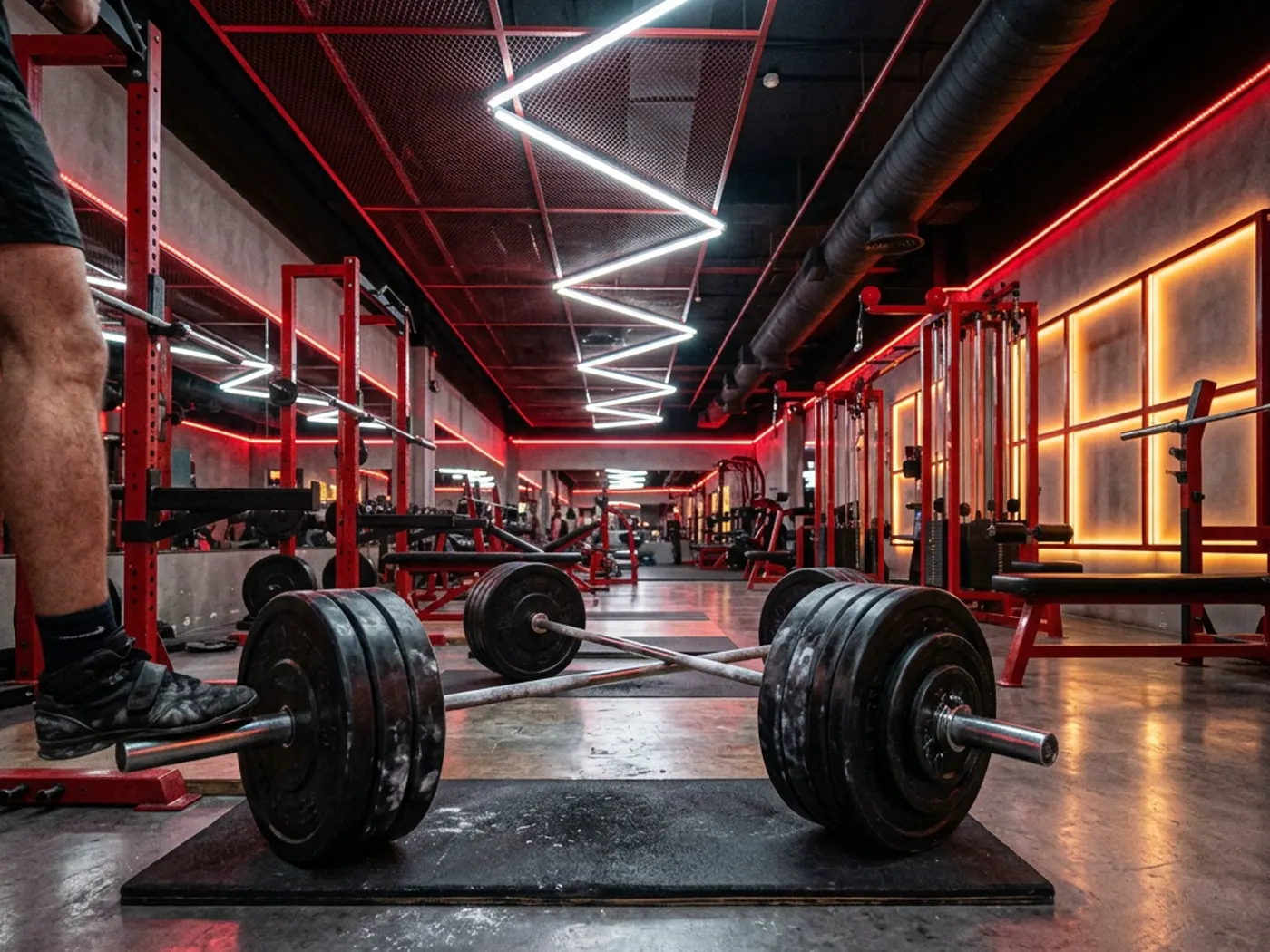 A heavy barbell loaded for a compound lift