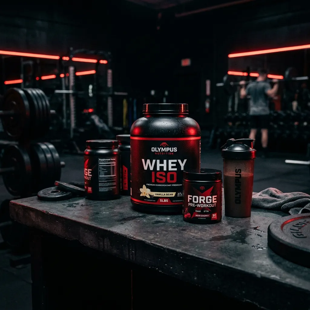 Premium fitness supplements on a dark gym counter